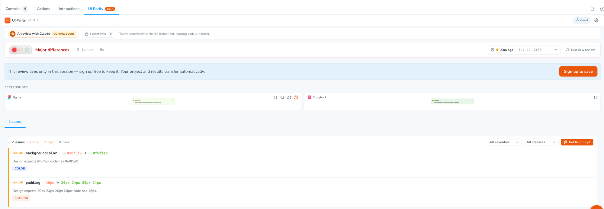 UI Parity panel showing a color mismatch and a compliance score